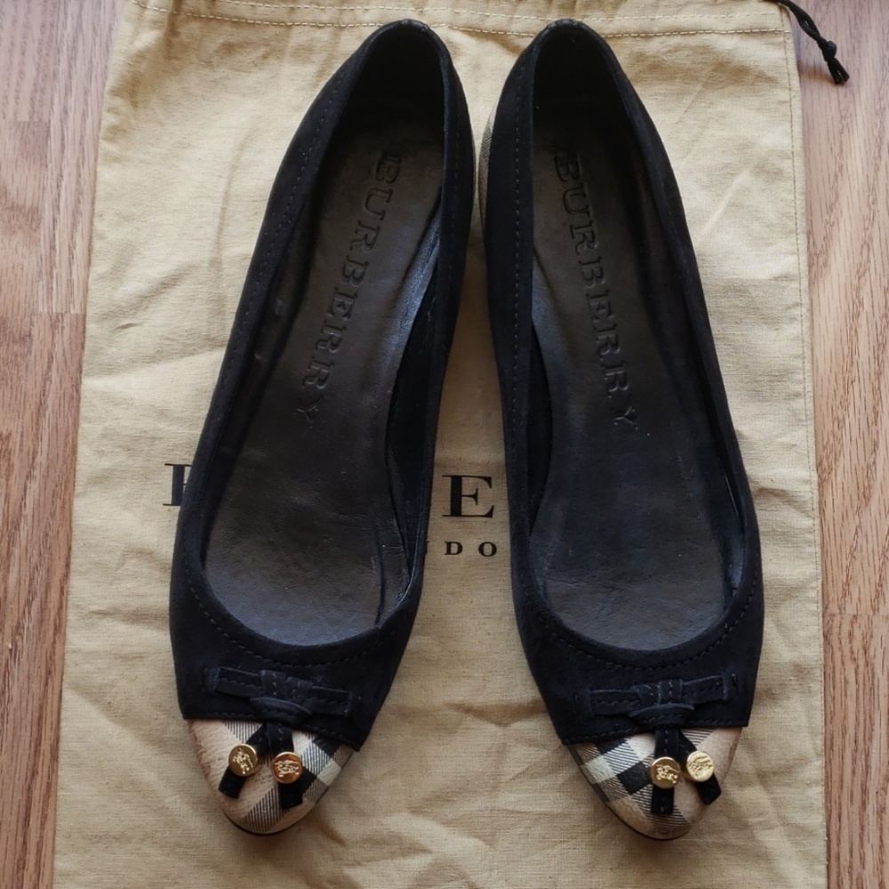 Black Suede Flats Capped w Nova check